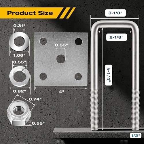 Stainless Steel Square U Bolt Kit for Boat Trailer Axle Leaf Springs, for 2x2 Axle - 5 1/4" Long,2 inch Wide Square U-Bolts with Nuts and Frame Plate for Trailer Automobiles Trailer.
