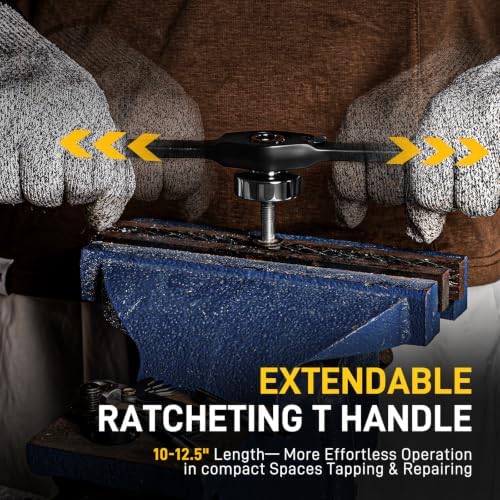 YIYEIE 8PC Ratcheting Tap Handle, 2-IN-1 Extendable Tap Wrench & Die Handle | Adjustable Tap and Die Handle Tool, T Handle Ratchet Die Wrench Fits Round & Hexagonal Die, M3-M12 Tap Holder, Thread Gauges