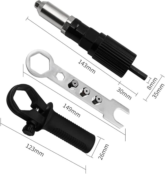 Rivet Gun Adapter Kit Cordless Riveting Drill Joint Adapter Riveter with 4Pcs Different Matching Nozzle Bolts, Wrench for Cordless Drill, Sheet Metal Work Accessories DIY