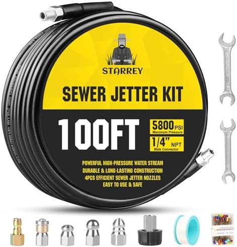 Sewer Jetter Kit for Pressure Washer 100ft 1/4 Inch NPT