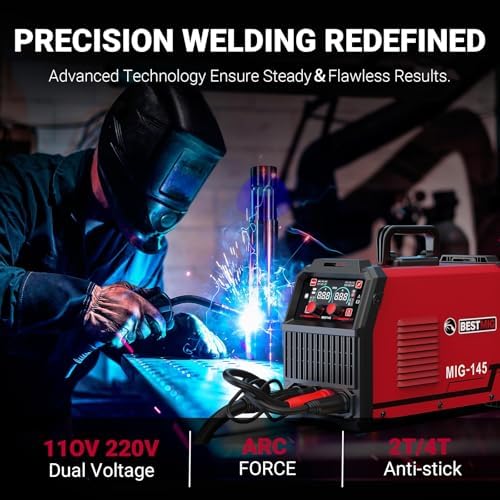 BESTMIG 145A 4-in-1 Multi-Process Welder, 110V/220V MIG/TIG/MMA/Stick Welding Machine, Gas & Gasless Flux Core Welder with Synergy IGBT Inverter, Includes Welding Helmet & Gloves