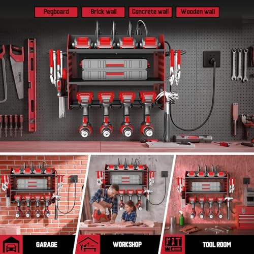 SPACECARE Power Tool Organizer with 6 Outlets, 3-Layer Heavy Duty Wall Mount Drill Storage Rack, Cordless Tool Charging Station with Utility Shelf, Garage Organization and Storage for Workshop- Red
