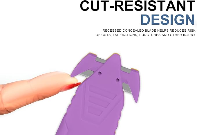 T TOVIA Safety Box Cutter Knife of Recessed Concealed Stainless Steel Blade, Package Opener Plastic Cutter for Box, Carton, Shrink Wrap, Plastic Straps, 10pcs purple