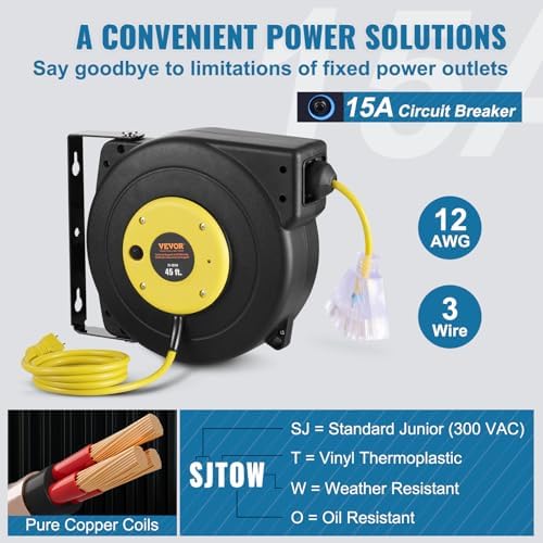 VEVOR Retractable Extension Cord Reel, 45 FT, Heavy Duty 12AWG/3C SJTOW Extension Power Cord with Lighted Triple Tap Outlet, 15A Circuit Breaker 180° Swivel Bracket for Ceiling or Wall Mount, Yellow