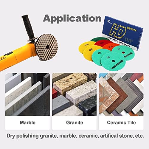 Dry Diamond Polishing Pads - 8pcs 5 inch (#50x3,#100x2,#200x1,#400x1,#800x1) Sanding Pads Kit for Granite Marble Ceramic Used on Angle Grinder or Polisher, with Aluminum Backing Pads+ Adapter 5/8”-11
