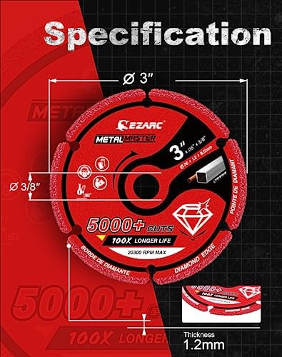 EZARC Diamond Cutting Wheel 3 x 3/8 Inch, 5000+ Cuts on Metal, 2 Pack, Gray, Die Grinder, Diamond Material