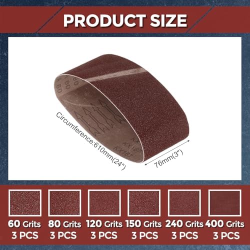 18 Pcs Sanding Belt, 3 x 24 Inch 60/80/120/150/240/400 Grit