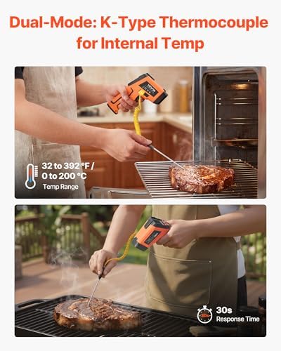 VEVOR Infrared Thermometer, -22℉ to 2192℉ Dual-Mode IR Thermometer Gun with K-Type Thermocouple, Dual Laser Heat Temperature Gun Non-Contact for Cooking Griddle Engine Industrial Use (Not for Human)