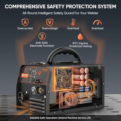H HZXVOGEN 145A MIG Welder, 110V/220V Gasless MIG Welder Welding Machine, 3-in-1 Flux Core MIG/ARC/Lift TIG, Synergic Control, IGBT Inverter, LED Display