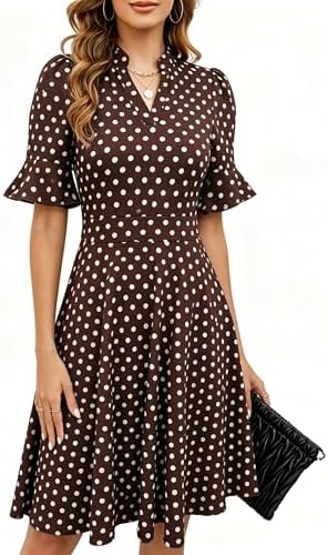 Mokayee Womens Summer V Neck Ruffle Short Sleeve Fit and Flare Knee Length Church Wedding Guest Dresses with Pockets