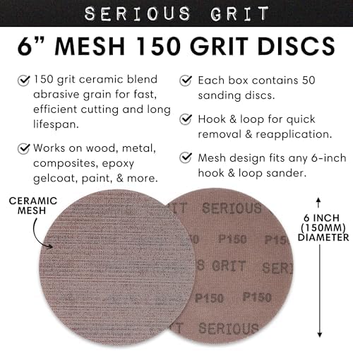 Serious Grit - 6-Inch P150 Grit Ceramic Mesh Sanding Discs - 50 Pack