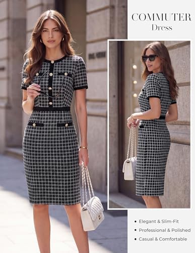 GRACE KARIN Women Work Business Short Sleeve Bodycon Tweed Dress