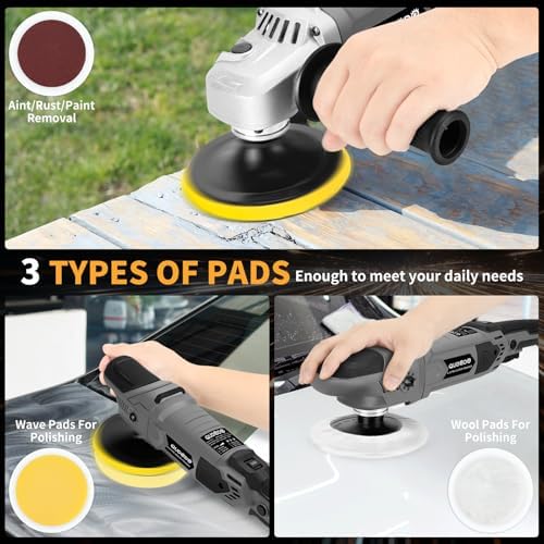 Car Buffer Polisher, Pulidora De Autos 5 Inch/7 Inch with 6 Variable Speed 600-3600rpm, Polishing Machine Kit with Detachable Handle & Buffing Pads, Pulidora for Car, Boat Sanding, Waxing