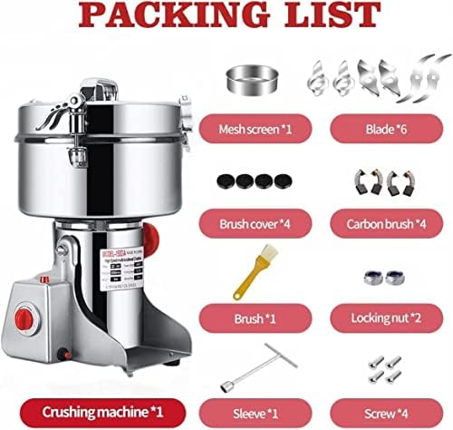 2000g Electric Grain Grinder Spice Grain Mill Stainless Steel 30s 28000RPM High Speedy Grinding with Overload Protection& 5min Timer Mill for Dry Spice Herbs/Nut/Coffee/Rice