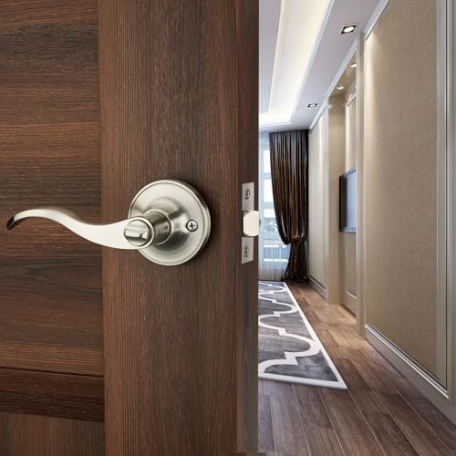 6 Pack of HENYIN Wave Lever Door Lock/Door Knob Hardware Handle and Closet Lockset, Silver Color, Bathroom Version Without Key,Right Hand (805SN-R-Bk-6)