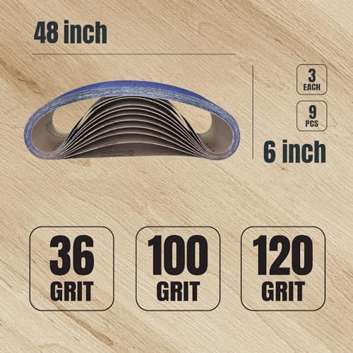 POWERTEC 6 x 48 Inch Zirconia Sanding Belts, 3 Each of 36/100/120 Grits, 9PK, Belt Sander Sanding Belt Assortment for Bench Sander, Belt and Disc sander, Woodworking, Metal Grinding (464801Z)