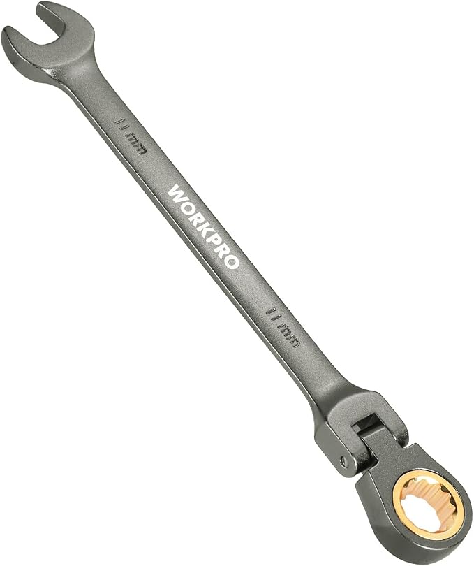 WORKPRO 11 mm Flex-Head Ratcheting Combination Wrench, Nickel Plating | Cr-V Constructed, 72-Teeth, 12 Point Design, Metric, For Home Improvement, Auto Repairs, Plumbing, Constructions, Machinery