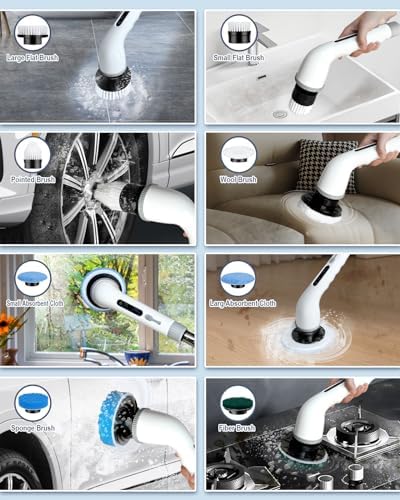 Electric Spin Scrubber, Shower Scrubber Cordless Cleaning Brush with 8 Replaceable Brush Heads and Squeegee，Adjustable Extension Handle 2 Speeds Electric Cleaning Brush for Bathroom, Tub, Tile，Kitchen