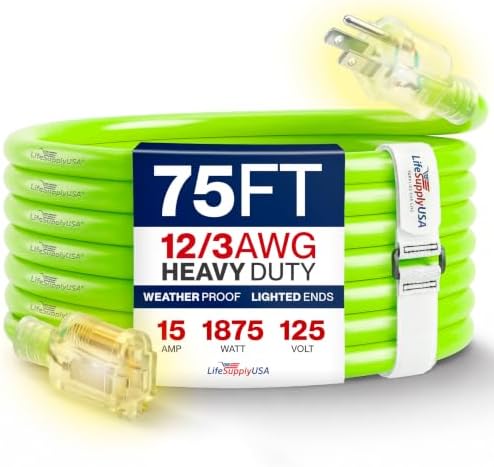 75ft Outdoor/Indoor Extension Cord 12/3 Gauge Extra Heavy Duty 3 Prong SJTW, Waterproof, Flexible Cold-Resistant Long Power Cord, 15A 125V 1875W, Neon Green by LifeSupplyUSA