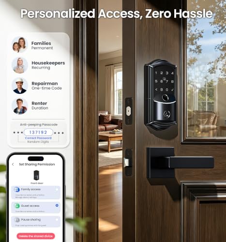 Veise VE027-L WiFi Smart Lock with Handles Set for Front Door, Matte Black | Remote APP Control, Fingerprint Voice & Fob Unlock, Touchscreen Keyless Entry Door Lock with Lever, No Hub Need, Auto Lock