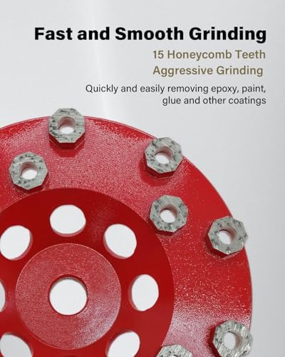 Diamond Grinding Cup Wheel for Hard Concrete Floor, Epoxy Coating Removal, 15 Aggressive Honeycomb Segments, 5 Inch 5/8”-11 Thread, 30/40 Grit