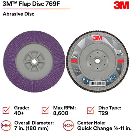 3M Flap Disc, 769F, 40+, T29 Quick Change, 7 in x 5/8 in-11