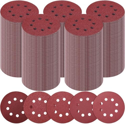 500 Pcs 5 Inch 8 Hole Sanding Discs, 60/80/120/220/320, Red
