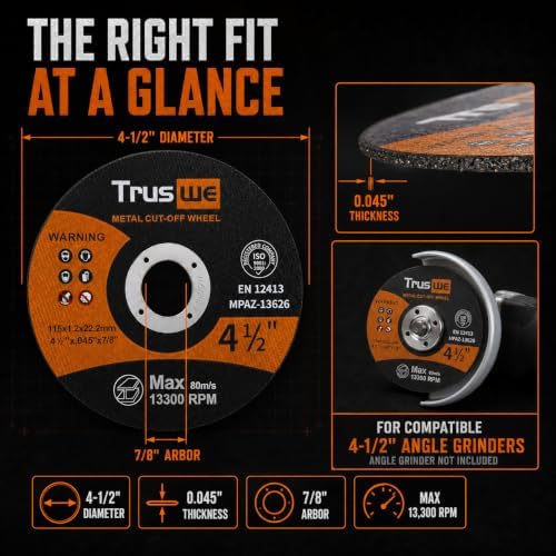 4-1/2 Inch Cut Off Wheels, 52 Count Ultra Thin Metal Cutting Discs for Angle Grinders, 0.045 x 7/8 Inch, for Steel and Stainless Steel, Up to 13,300 RPM