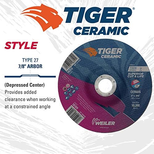 Weiler 58309 6 Inch Cutting Wheel, Tiger Ceramic Stainless Steel Superior Life & Cut Contaminant Free Max Performance Cutting, .045" CER60S Type 27 7/8" Arbor, Pack of 25