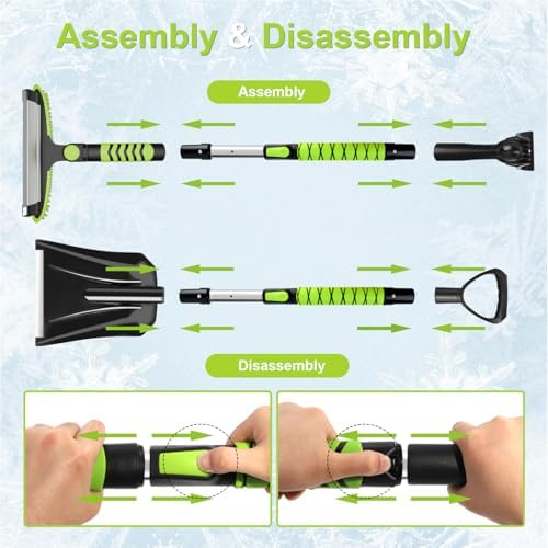 4 in 1 Ice Scraper & Snow Brush & Snow Shovel for Home Car, 43" Extendable Window Ice Removal with Squeegee for Windshield, Heavy Duty Snow Cleaner with Foam Grip & 180° Rotating Head for Auto
