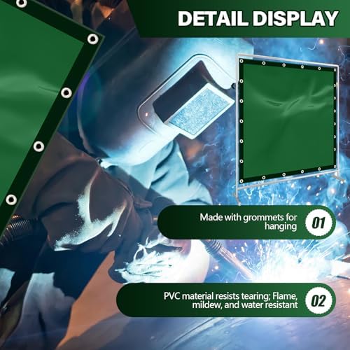 2 Pack Welding Curtain Safety Screen with Fixed Belt, 6 x 6ft Green, Fire Resistant Transparent Vinyl Welding Shield for UV and Blue Light Protection