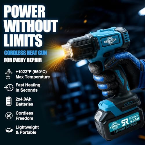 Cordless Heat Gun - Compatible with Makita 18V Battery, 2×4.0Ah Batteries & Charger, Fast Heating 1022°F Hot Air Gun, Variable Temperature, 3 Nozzles for Shrink Wrap, PVC Vinyl