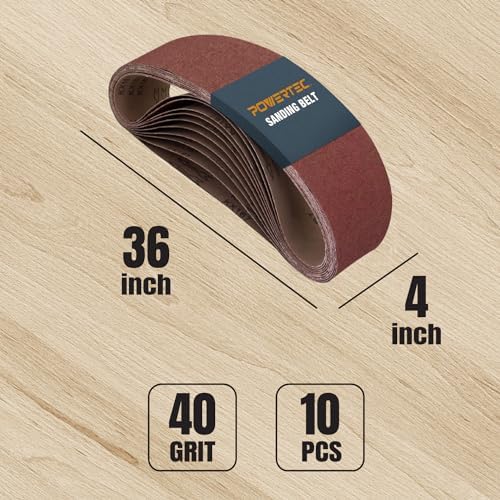 POWERTEC 10PK 4x36 Sanding Belts, 40 Grit Aluminum Oxide, 4 x 36 Inch Sanding Belts for Benchtop Belt and Disc Sander, Belt Sandpaper, Woodworking, Metalworking, Paint, Rust Removal (110620)