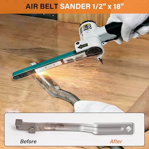 1/2" x 18" Air Belt Sander - Mini All Angle Handheld Sander with 3 Belts (36/40/60#) Industrial Pneumatic Tool