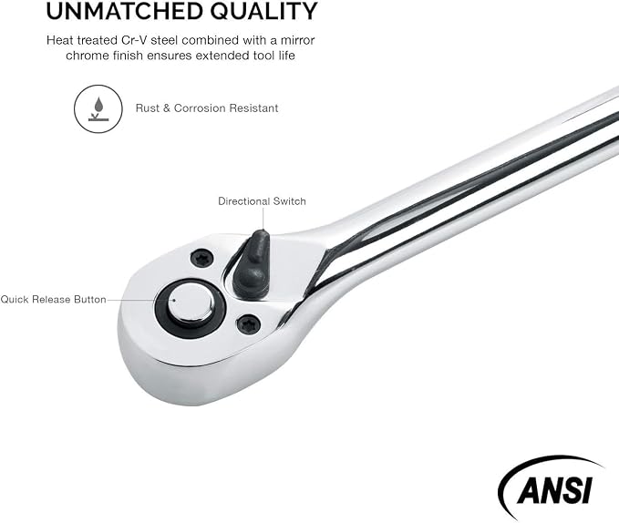 Neiko 03034A 3/8” Drive Extra Long Ratchet | 18” Length | 72 Tooth Gear | Cr-Mo Head | CR-V Steel