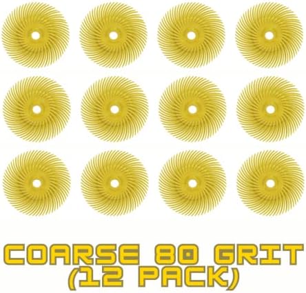 Dedeco Sunburst Radial Bristle Discs 12-Pack - 3" Curved - 3/8" Arbor - Yellow 80 Grit (Coarse) - Aluminum Oxide for Polishing & Finishing