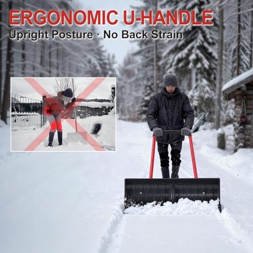 30 Inch Snow Shovel for Driveway, Heavy-Duty Snow Pusher & Snow Plow, Lightweight Wide Blade for Fast Snow Removal, Back Saver Winter Tool for Driveway, Sidewalk, Patio, Deck