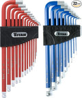 Titan 12764 22-Piece SAE and Metric Hex Key Set | Includes 3/64-3/8 SAE & 1.5-10mm Metric Keys in Plastic Organizers with Size Markings, Extra-Long Arm