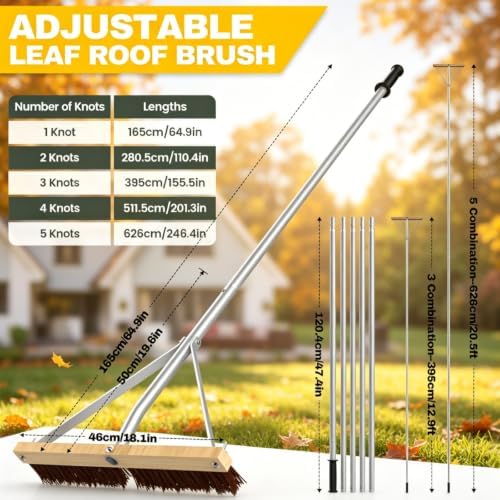 Huracan Snow Roof Rake Year-Round, Leaf Roof Brush with Gloves, 5-21ft Adjustable Leaves Snow Removal Tool, Anti-Slip Handle Cleaning Brush Extension Aluminum Poles, for Shingles Solar Panels Cars