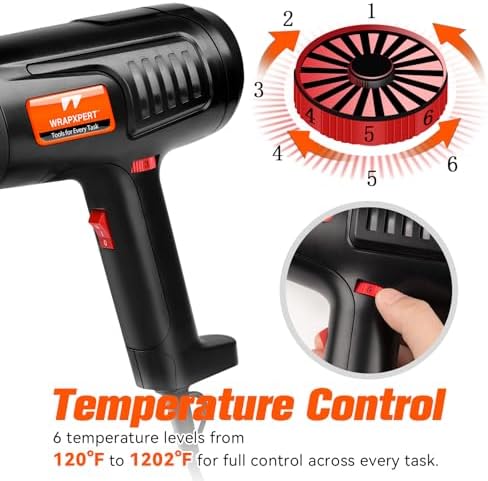 WRAPXPERT Heat Gun for Vinyl Wrap 1600W 122℉-1202℉ with 2 Air Speeds Variable Temperature, Fast Heating Heavy Duty Hot Air Gun for Car Wrap, Window Tint, Crafts, Shrinking Tubing, Stripping Paint