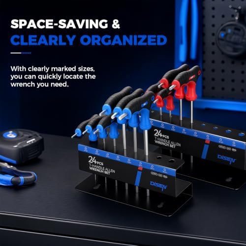 DISEN 24-Piece T-handle Allen Wrench Set | Metric 2-10mm & SAE 7/64"-3/8" & Torx T10-T45 , Long Arm Hex Key Wrench Sets with Storage Rack for DIY, Home Repair