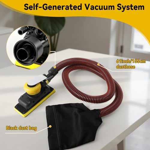 Pneumatic Random Orbital Sander, 70 mm x 198 mm 1/8" vacuum Air Sanderr, 10,000 Max OPM Dust Bag Style with Extra Hook-Loop Pad and 30pcs (80/120/180/240/320/400) Mesh Sandpapers