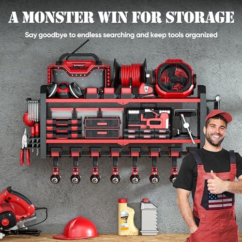 Nacial Power Tool Organizer Wall Mount, 8 Drill Holder Wall Mount with 3 Layer Cordless Drill Holder, Heavy Duty Tool Rack with 12 Hooks, Power Tool Storage for Garage Organization, Father's Day Gifts