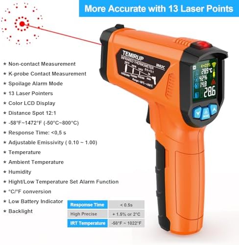 Infrared Thermometer Gun, Non Contact Digital Laser Thermometer Temperature Gun with Color LCD for Cooking, Home Repairs, Humidity Measurement, Adjustable Emissivity -58°F to 1472°F(-50~800°C)