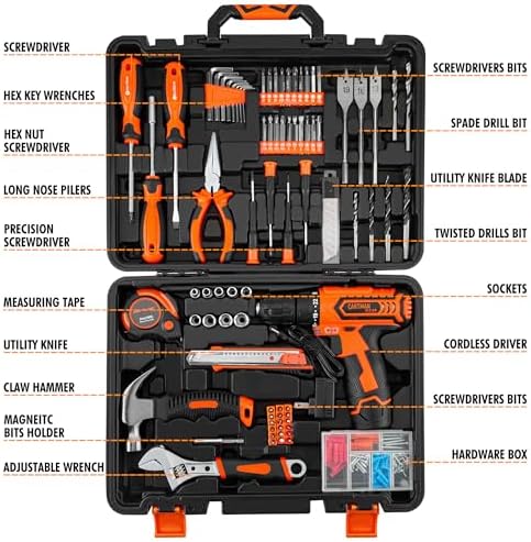 CARTMAN Orange 198-Piece 12V Cordless Drill Tool Combo Kit