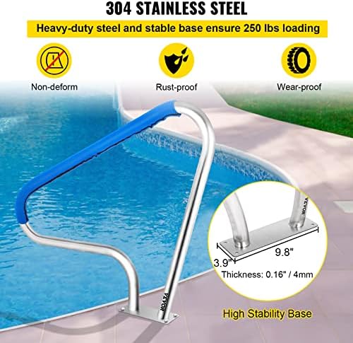 VEVOR Pool Rail 48x36 Pool Railing Brushed Stainless Steel 250LBS Load Capacity Silver Rustproof Pool Handrail Humanized Swimming Pool Handrail with Blue Grip Cover & M8 Drill Bit & Self-Taping Screws