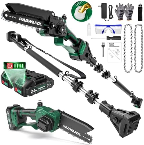 2-in-1 Pole Saws for Tree Trimming, Mini Chainsaw Cordless 6 Inch with 15 FT Max Reach, Electric Pole Saw with 2*21V Battery, Auto-Oil Brushless Branch Cutter for Tree Trimmer Pole Saw Green