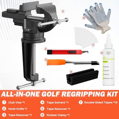 Golf Club Regripping Kit with Bench Vise – Complete Grip Repair & Replacement Set with Rubber Clamp, Solvent, Tape Strips & Tools for Golf Club Grip Installation, Home & Workshop DIY