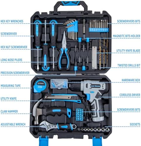 CARTMAN 150-Piece 8V Cordless Drill Hand Tool Set Blue Household Repair Kit