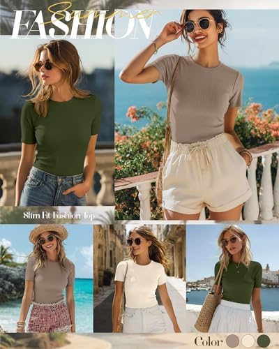 Ficerd 3 Pack Women's Ribbed Short Sleeve T-Shirts